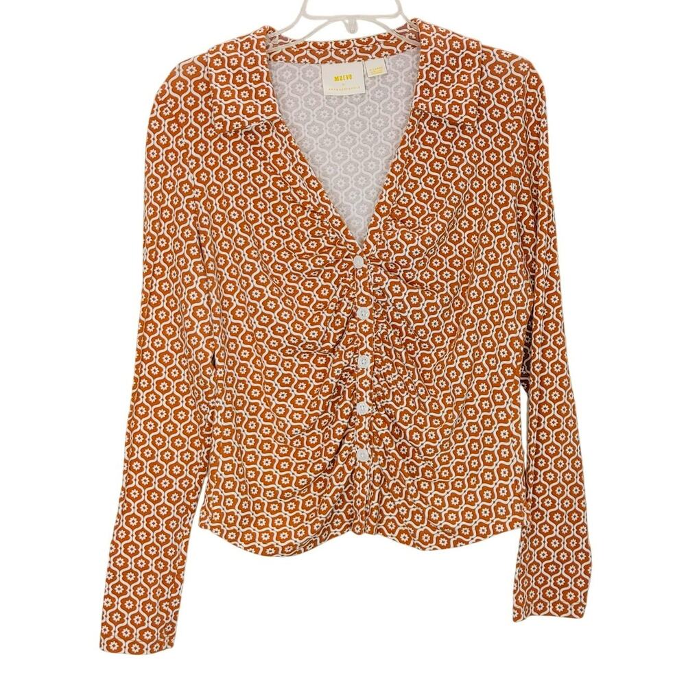 Maeve Rust and White Geometric Button-Down Blouse